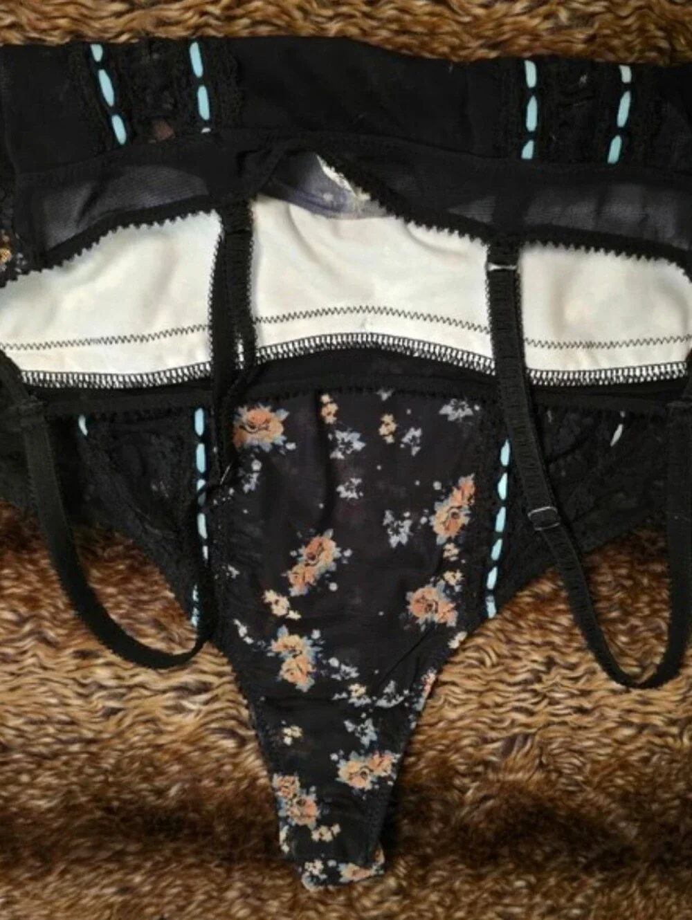 Free People Black Floral Lace Bodysuit with Blue Trim